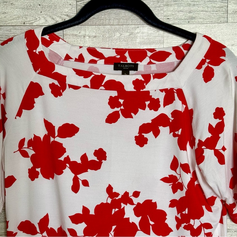 Talbots Womens Red White Floral‎ Top Short Sleeve Rayon Tunic Blouse Sz-Small/P - Picture 5 of 14